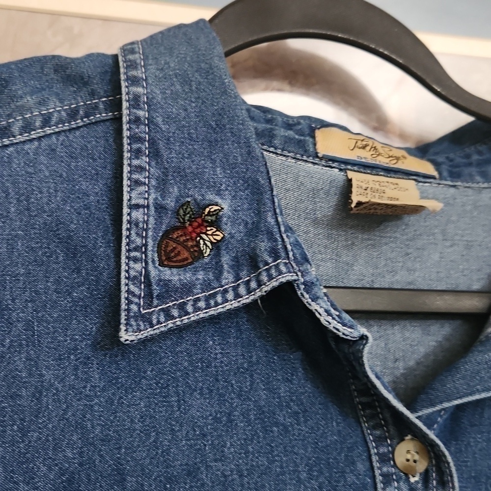 Vintage Fall Harvest Denim Top  Embroidered Autumn Pumpkin Patch Size 18 XL - Picture 7 of 11